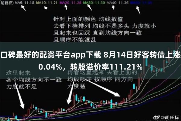 口碑最好的配资平台app下载 8月14日好客转债上涨0.04%，转股溢价率111.21%